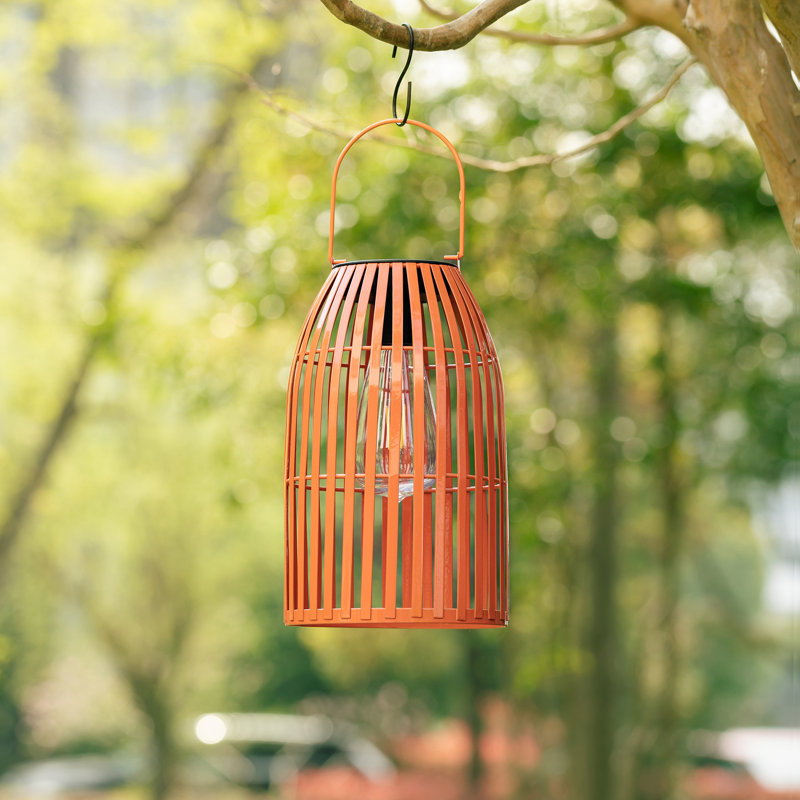 Nyota 9.75" Metal Woven Solar Powered  Outdoor Hanging Lantern, Orange