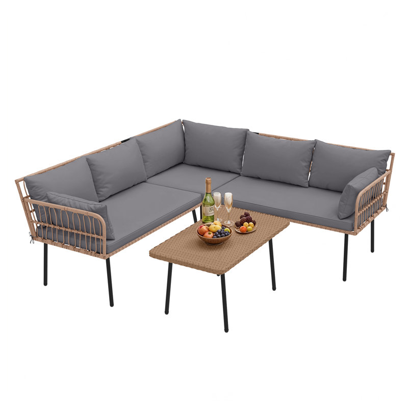 Outdoor PE Rattan Corner Sofa Set – Weatherproof with Washable Cushions & Coffee Table