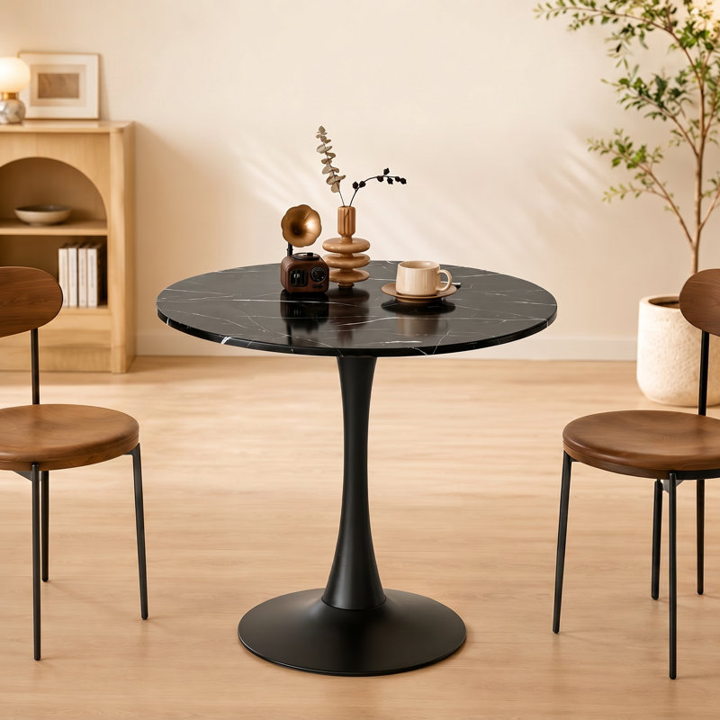 Table bistro ronde moderne en faux marbre noir avec base tulipe pour petits espaces, Noir, H 29 po x L 24 po x l 24 po