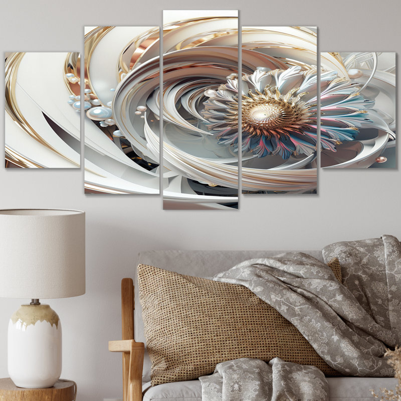 Cosmic Fractal Flowers in Light Blue III - Fractals, reproduction sur toile - 5 panneaux