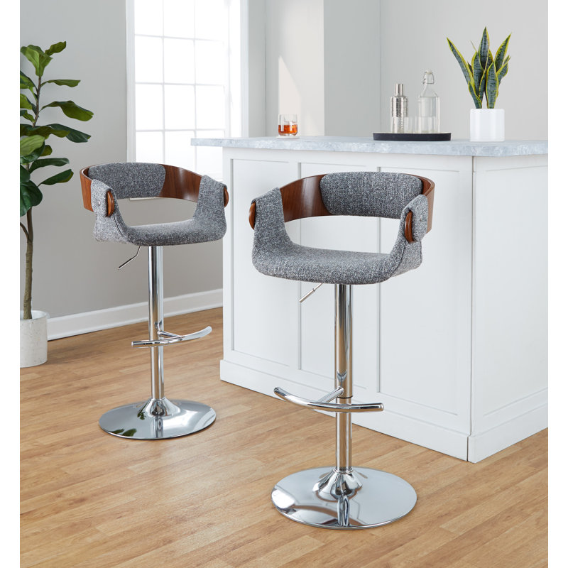 Tabouret de bar Laurenzio, Tissu gris / bois de noyer, Chrome
