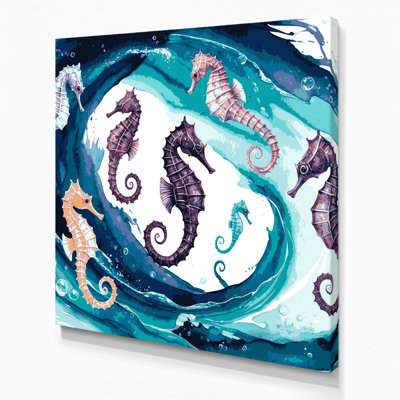 Art mural sur toile bleu hippocampes nautiques