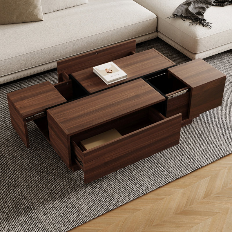 Table basse rectangulaire à plateau coulissant avec 2 tiroirs, Noyer