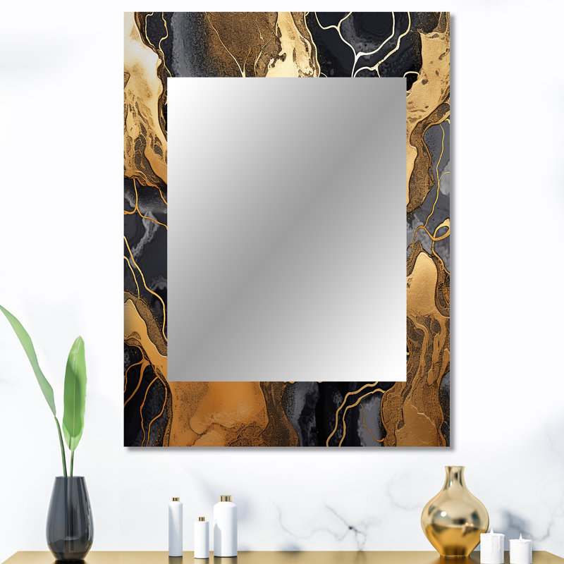 Or et marbre gris scintillant galaxies I - miroir fractal, miroir mural moderne unique, impression d'art en métal
