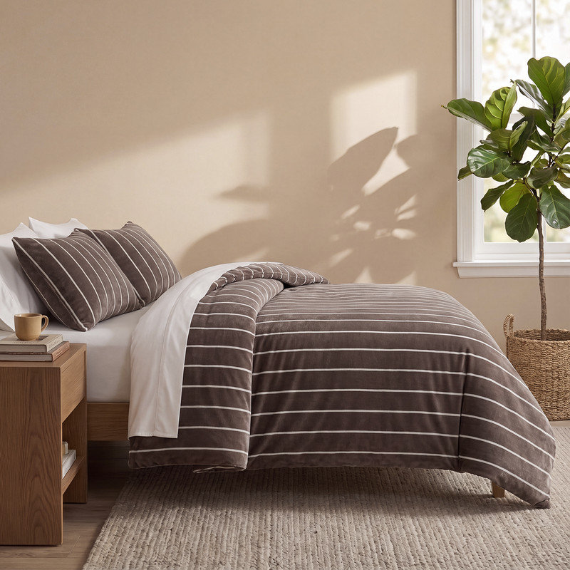 Ensemble d'édredon à rayures brunes de grande taille, ensemble de literie en molleton velours ultra doux et moelleux, motif à rayures classique sur mesure, ensemble de 3 pièces rustiques confortables pour toutes les saisons