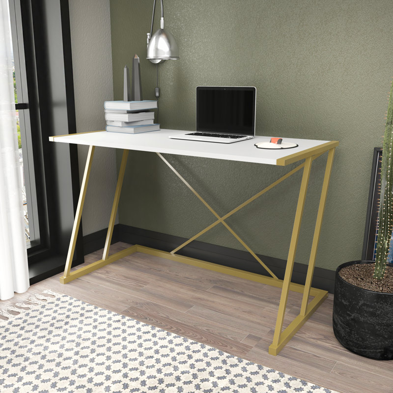 Lenes Metal Base Writing Desk, Dark Gray Oak/Gold