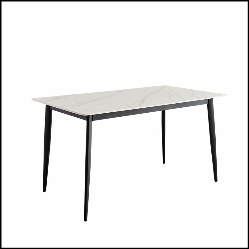Table de salle à manger rectangulaire de style Mid-Century avec plateau en porcelaine et pieds en métal, Blanc/Noir