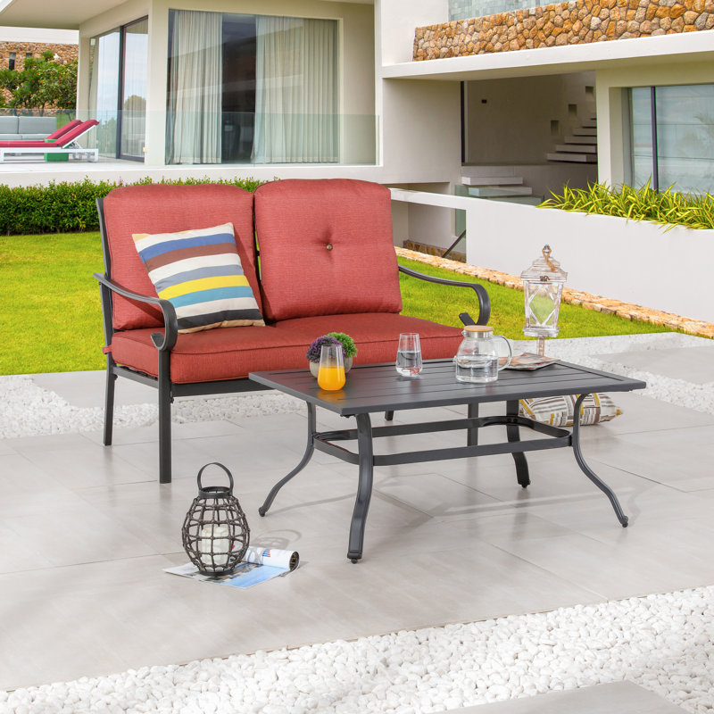Ensemble de conversation de patio 2 pièces en métal avec coussins et table basse à lattes, Rouge