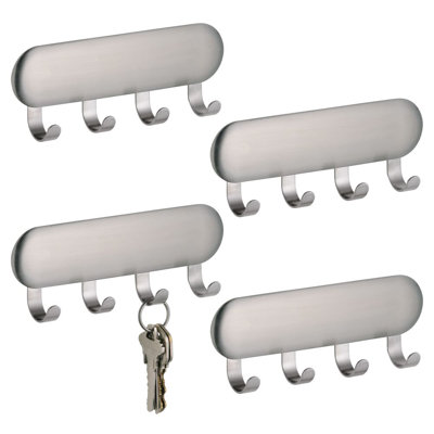 iDesign Self-Adhesive Stainless Steel Key Rack with 4 Hooks - Key Holder for Wall, Set of 4, Brushed
