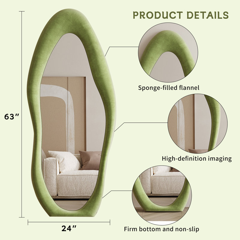 Full Length Mirror 63"X24", Irregular Wavy Mirror, Arched Floor Mirror, Wall Mirror Standing Hanging Or Leaning Against Wall For Bedroom, Flannel Wrapped Wooden Frame Mirror