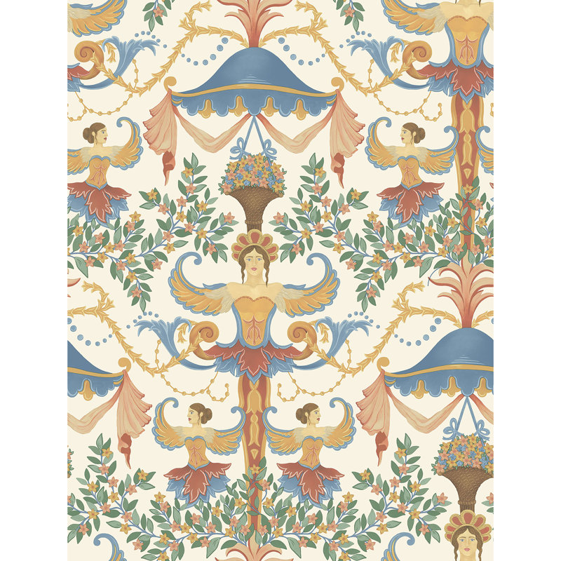 Floral Wallpaper Roll, Ivory/Yellow/Blue