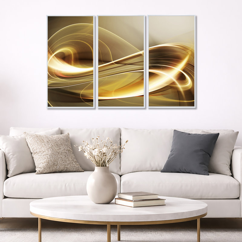 Élégant canapé moderne - Ensemble de 3 toiles abstraites encadrées, H 20 po x l 36 po, Blanc