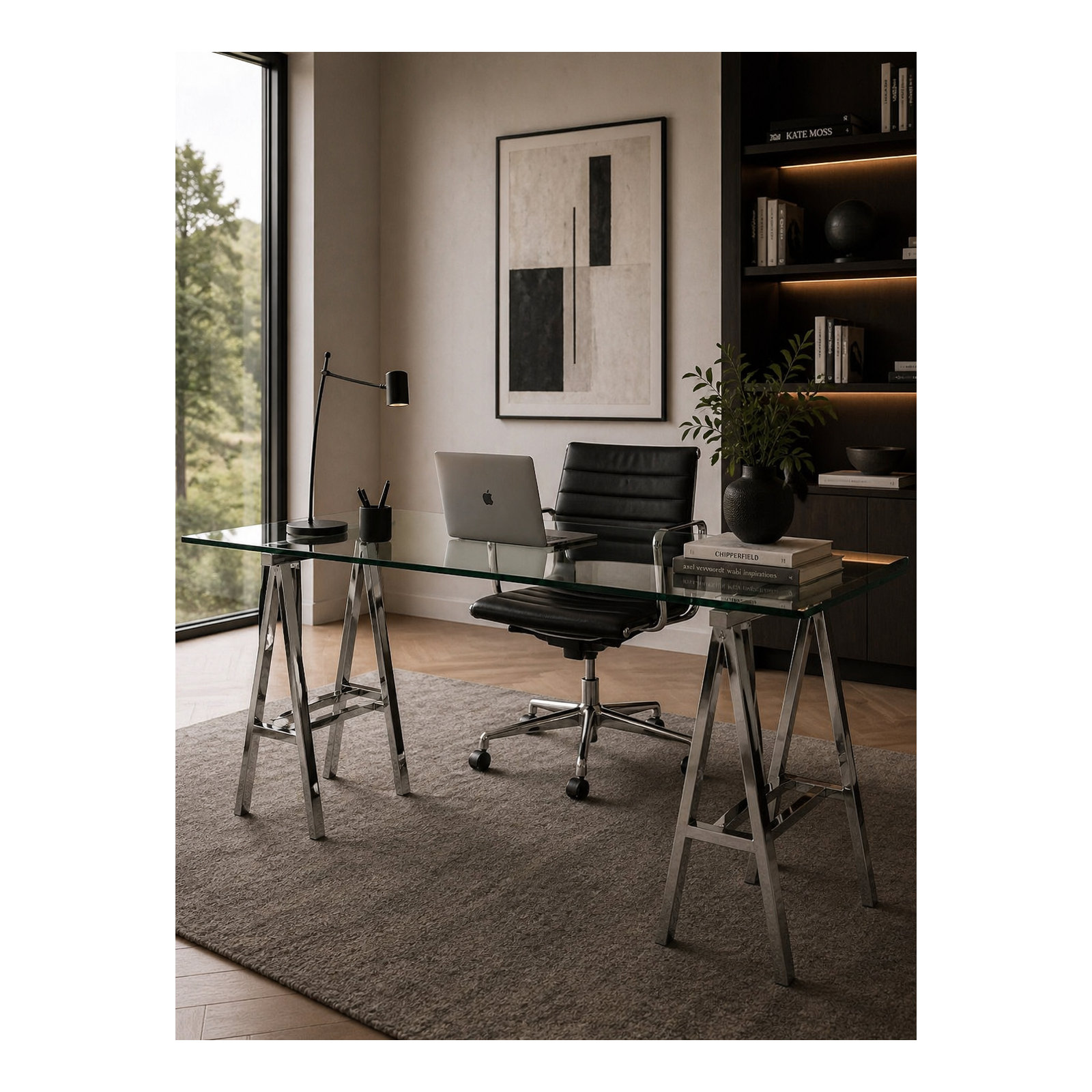 Tigerlily Glass Desk, 30" H x 55" W x 30" D, Silver