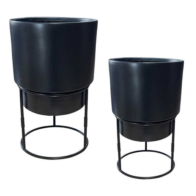 Set of 2 Concrete Effect Round Flower Pots on Metal Stands, Round Indoor Plant Pot Stands for Indoor Plants: D24 H35 cm, with Inner Top D20 cm + D30 H50 cm, with Inner Top D26 cm