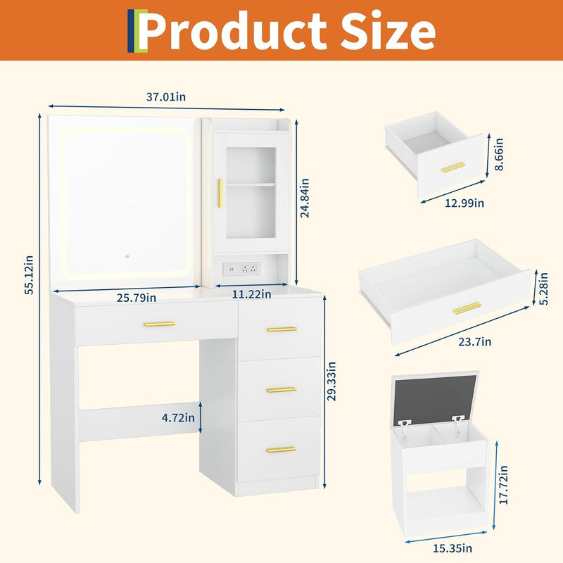 Bureau de meuble-lavabo avec miroir éclairé et prises de courant - Table de maquillage moderne avec tabouret de rangement, 4 tiroirs et support pour sèche-cheveux, meuble-lavabo à DEL de 37 po pour la chambre à coucher