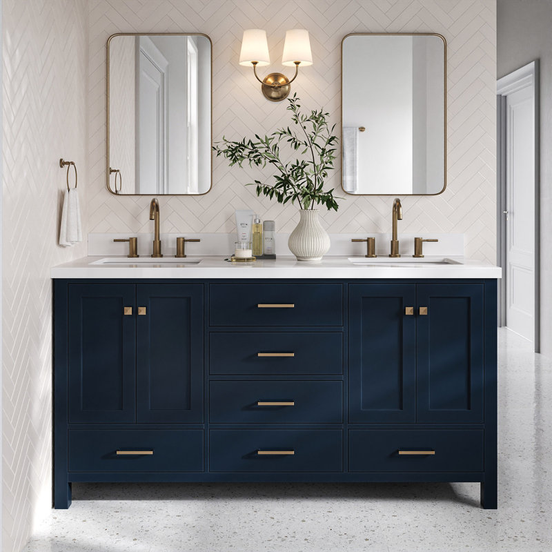 Grevera 67'' Free Standing Double Bathroom Vanity with Quartz Top, Black Oak / Satin Brass