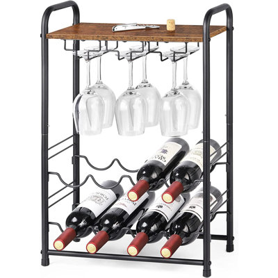 Jaydalin 8 Bottle Floor Wine Bottle & Glass Rack in Brown