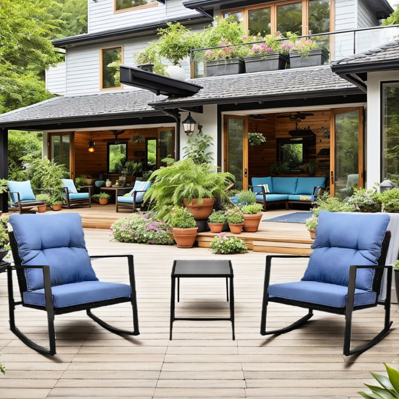 Patio bistro avec coussins hauts bleus - 3 pièces pour l'extérieur pour le jardin, la piscine, les meubles de terrasse