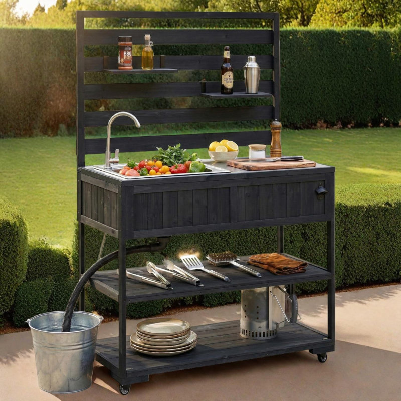 Grand chariot de cuisine d'extérieur avec évier et comptoir en acier inoxydable, Noir