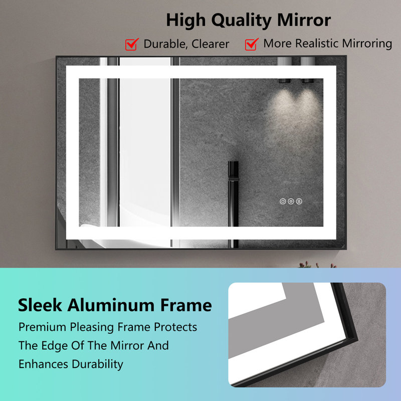 Miroir de salle de bain multifonctionnel à cadre noir en aluminium noir, miroir de meuble-lavabo lumineux mural