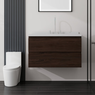 Meuble-lavabo suspendu de 91 cm (36 po) avec lavabo en céramique, armoire murale en contreplaqué, tiroirs à fermeture amortie, comptoir et dosseret en marbre reconstitué blanc de Carrare, marron