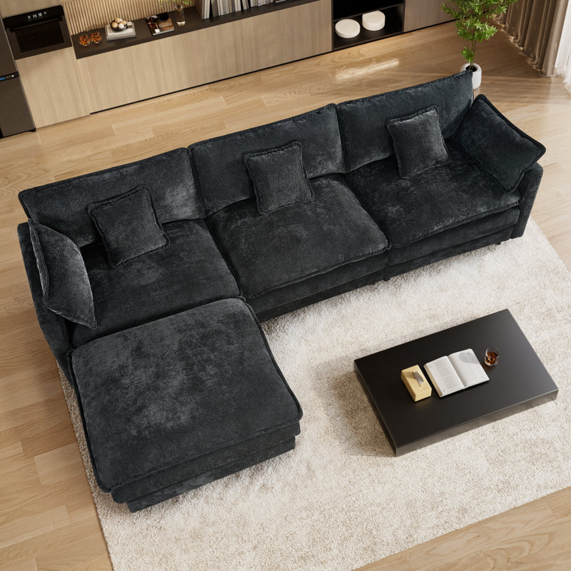 Canapé modulaire confortable avec repose-pieds 4 pièces Maarif, Velours noir