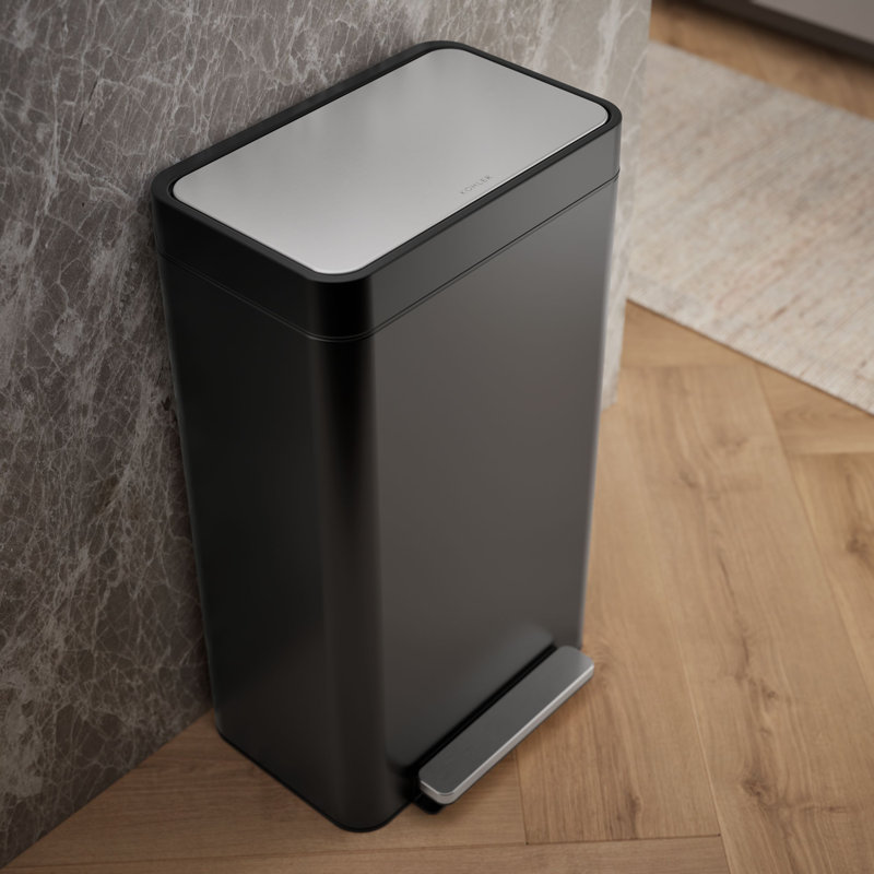 Reset 8 Gallon Kitchen Trash Can, Stainless Steel Hand Free Step Trash Can with Quiet-Close Lid, Black Stainless Steel