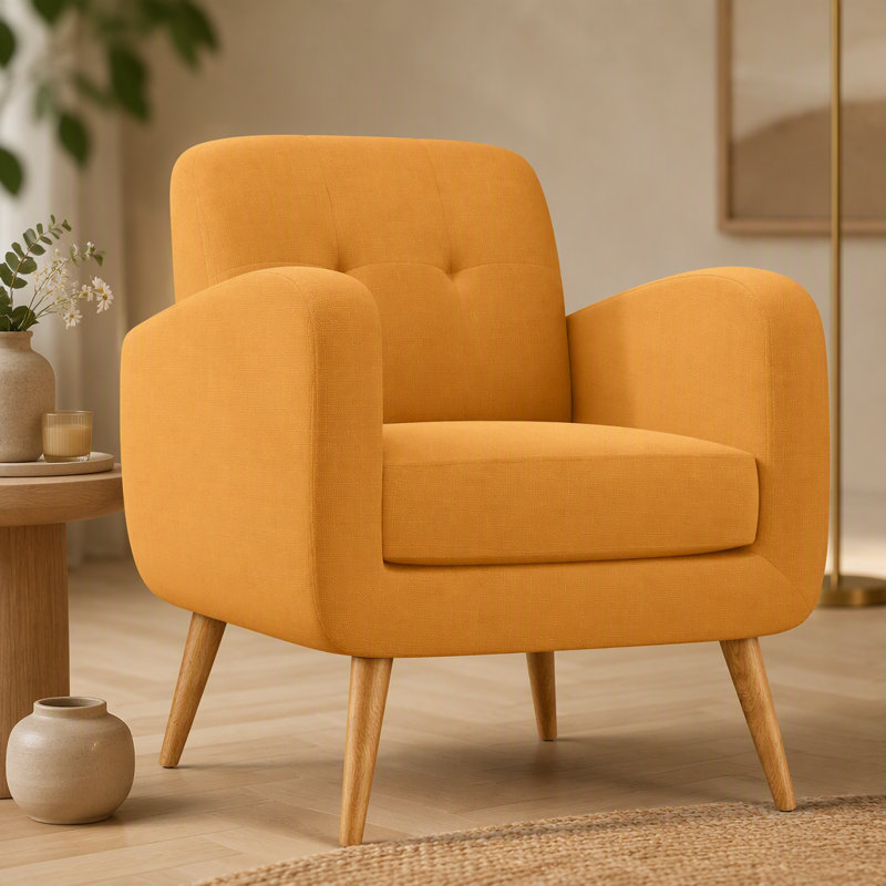 Chaise d'appoint en lin jaune avec pieds en bois massif naturel