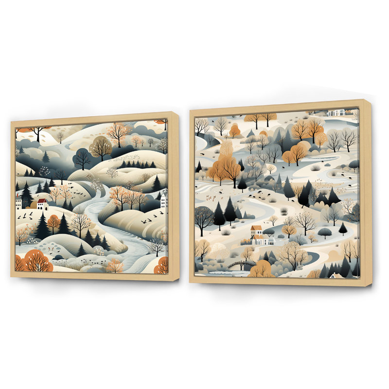Summer Scandinavian Landscape - Ensemble de 2 collages carrés, Cadre flottant brun, H 36 po x l 73 po