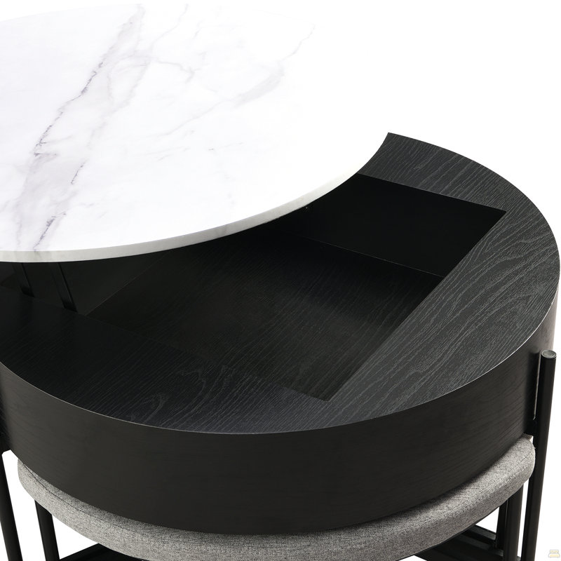 Table basse ronde à plateau relevable avec rangement et 3 repose-pieds, Noir