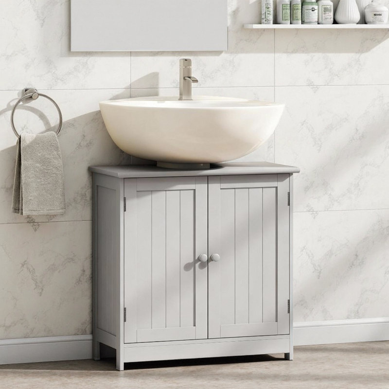 Meuble-lavabo peu encombrant gris clair avec tablette réglable pour rangement sous l'évier