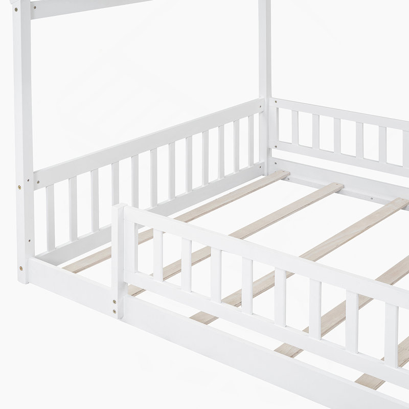 Mirian Solid Wood Youth Bed with Fence, House Bed, Platform Bed, Full, White