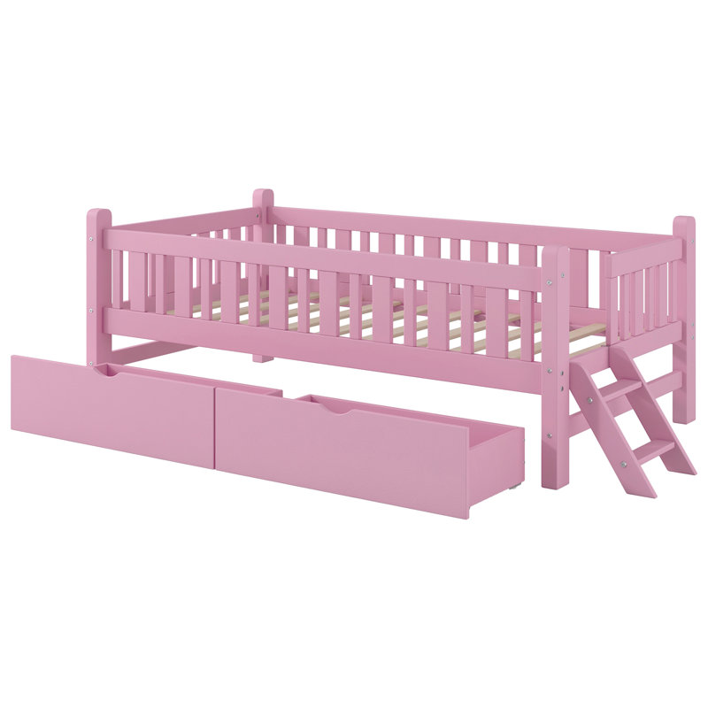 Lit plateforme en bois avec garde-corps et 2 tiroirs, Rose