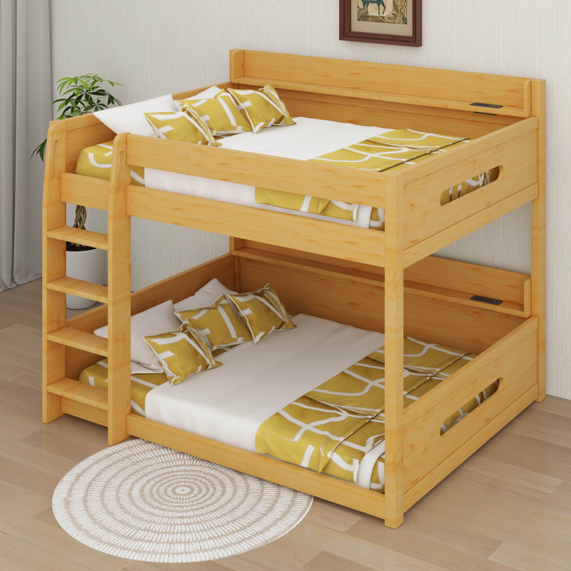 Lit superposé grand sur grand avec tablettes de rangement et ports USB, Bois