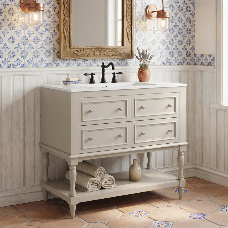 Freestanding Standard With Ceramic Top, Beige