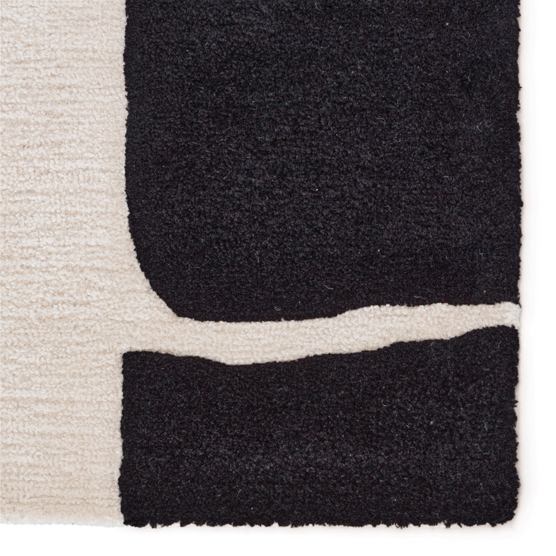 Tapis noir / crème abstrait fait à la main (8 pi x 10 pi), Rectangle 8 pi x 10 pi
