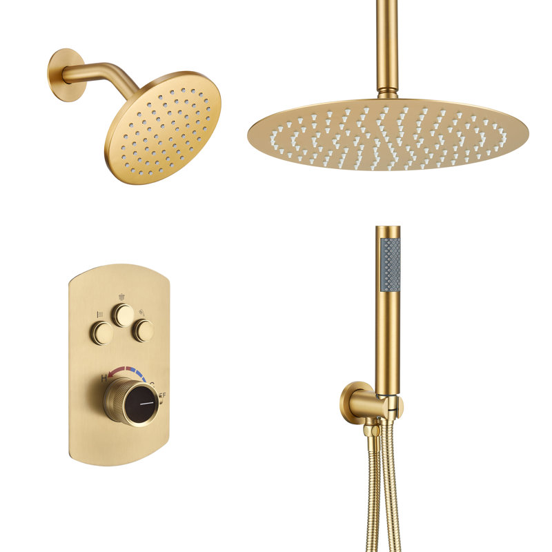 Calder Complete Shower System with Dual Rainfall Shower Heads, Brushed Gold