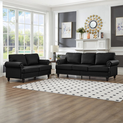 Modern Classic Design with Nails Living Room 2+3 seater Loveseat & Sofa Leather Couch,Upholstered Imitation Cowhide Leather Black