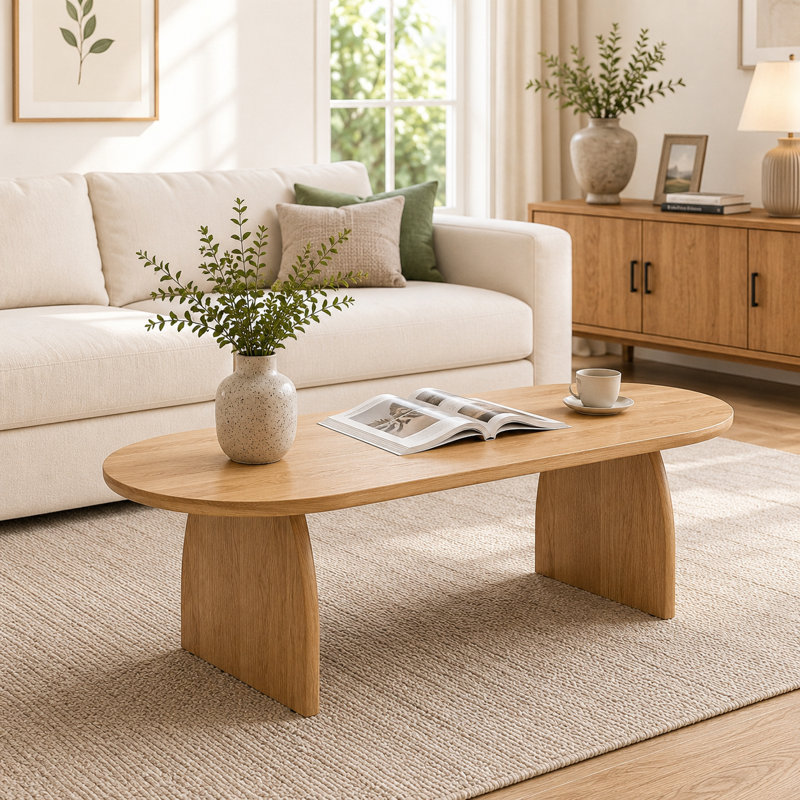 47" Oval Coffee Table, Modern Solid Wood Veneer Center Table, Natural Wood