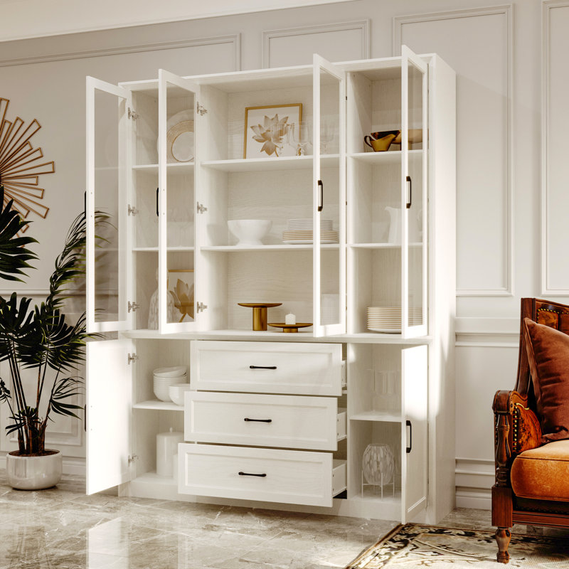 79.6" High Glass Door China Cabinet With 3 Drawers, Cream