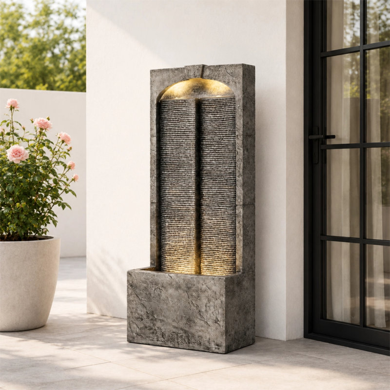 39 in. H Outdoor Cascading Water Fountain with LED Lights, Resin and Fiberglass Freestanding Water Feature for Patio, Grey