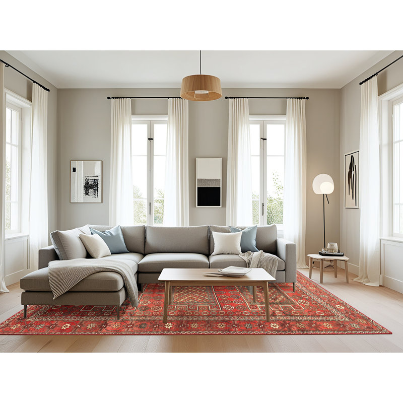 Tapis traditionnel beige / vert / rouge Oblak, Rond 8 pi