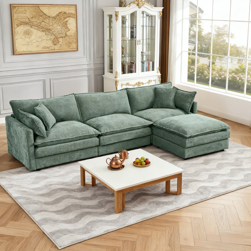Canapé 3 places en tissu d'ameublement en chenille avec repose-pieds Cloud, Vert menthe