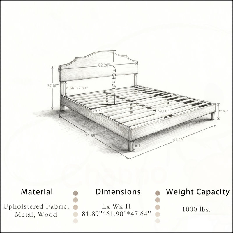 Grand lit plateforme tapissier avec tête de lit ajustable, tissu en lin, style simple et moderne, robuste et confortable