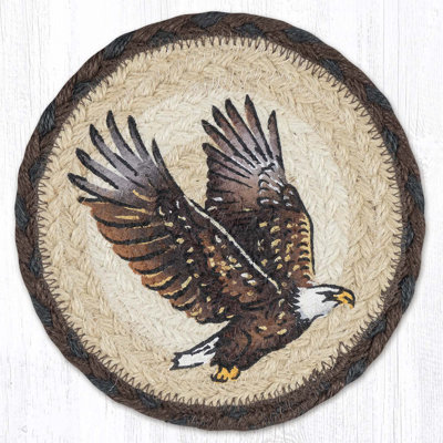  Round Eagle Coaster 7" H Braided Jute Mat with Hand-Stenciled Bald Eagle in Flight Over Natural Earth-Tone Background