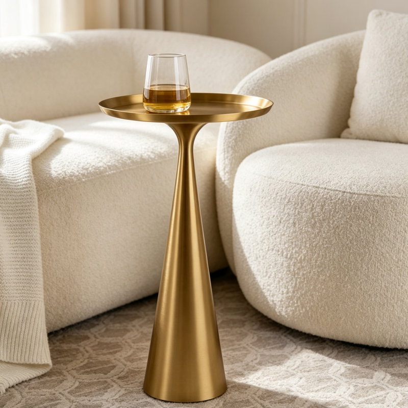 Table à boissons ronde en acier de 24 po de hauteur avec base fuselée, table d'appoint minimaliste moderne pour le salon et la chambre à coucher - Finition dorée