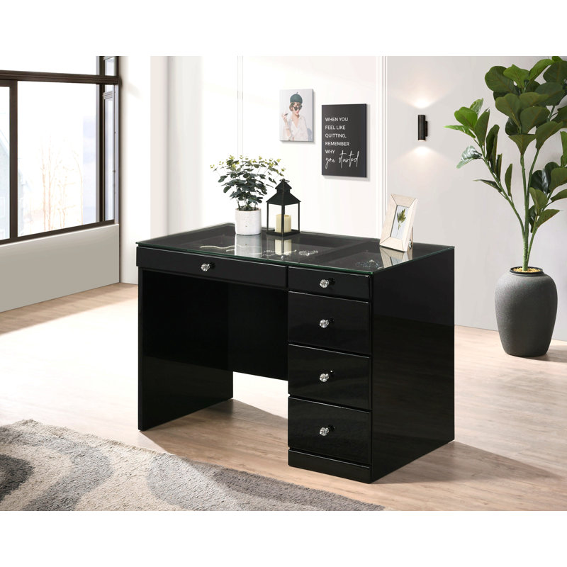 1Pc Glam Makeup Vanity Table Glass Top 5 Drawers Crystal Knobs Wooden Bedroom Furniture, Black