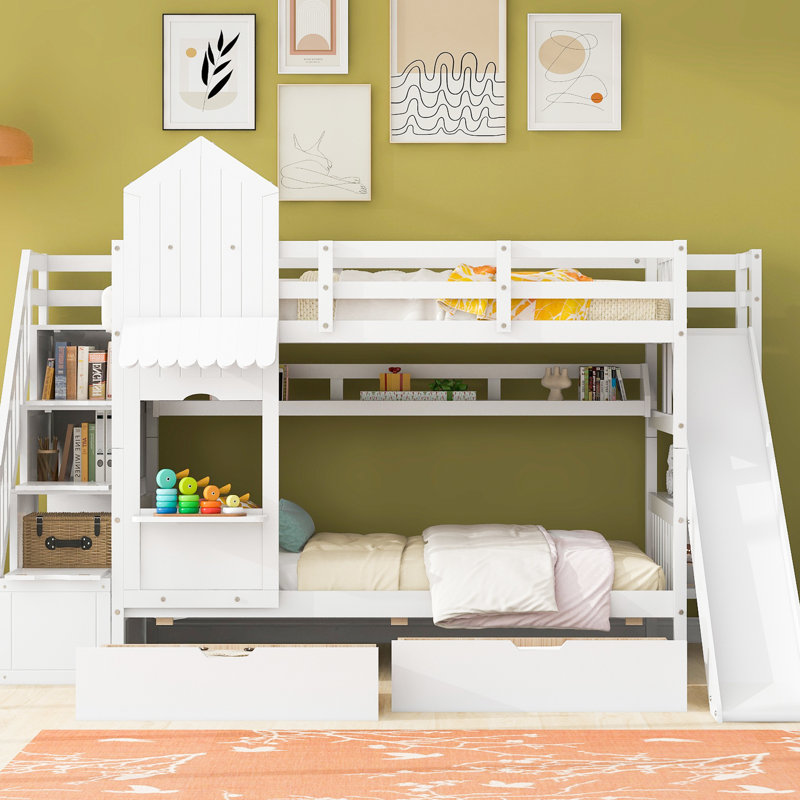 Lit superposé blanc avec glissade Twintwin, 2 tiroirs, 3 tablettes, cadre, espace de rangement pour les objets personnels
