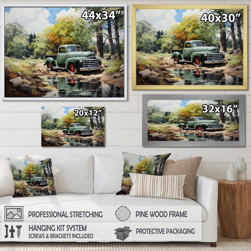 «Pickup Truck Tranquil Lakeside II», reproduction sur toile, H 34 po x l 44 po x P 1,5 po, Cadre doré simple