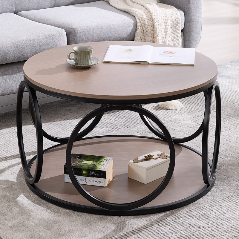 Table basse ronde 31,5 po avec tablettes de rangement à 2 niveaux Carnforth, Bois crème brun